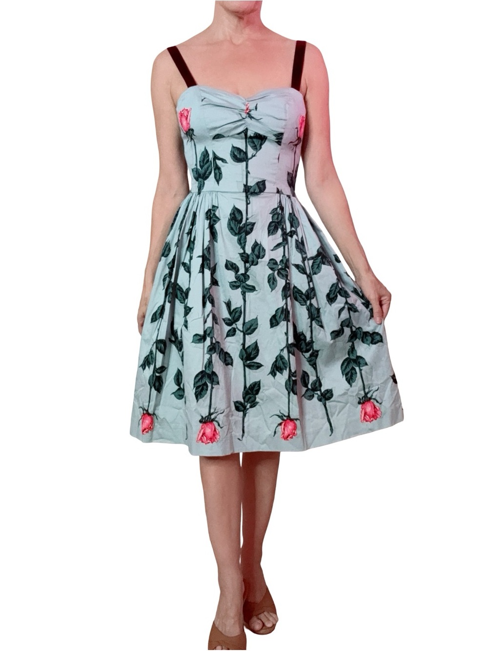Vintage Y2K retro Betsey Johnson Light Blue Dress with Pink Rose Print